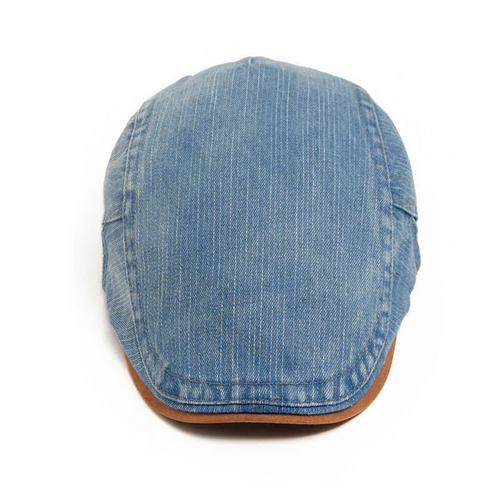 Flache Baskenmütze aus kontrastfarbenem, gewaschenem Denim mit Wildlederkrempe - image 1