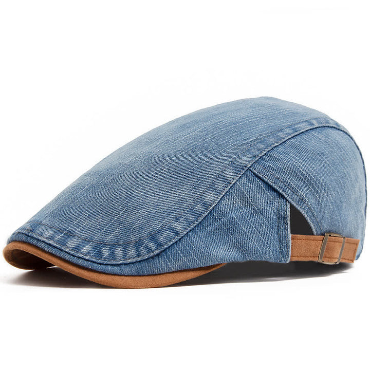 Flache Baskenmütze aus kontrastfarbenem, gewaschenem Denim mit Wildlederkrempe - Blau - Verstellbar (21 5/8"-23 1/4") - image 0