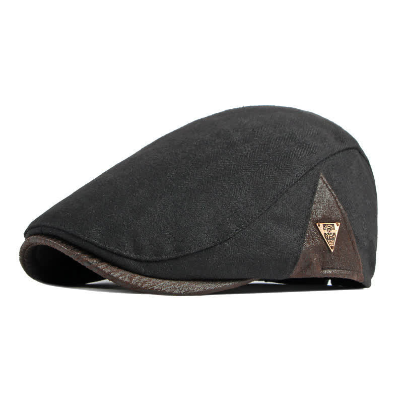 Warme, flache Baskenmütze mit dezentem Fischgrätmuster und Lederbesatz - Schwarz - Verstellbar (21 5/8"-23 1/4") - image 7