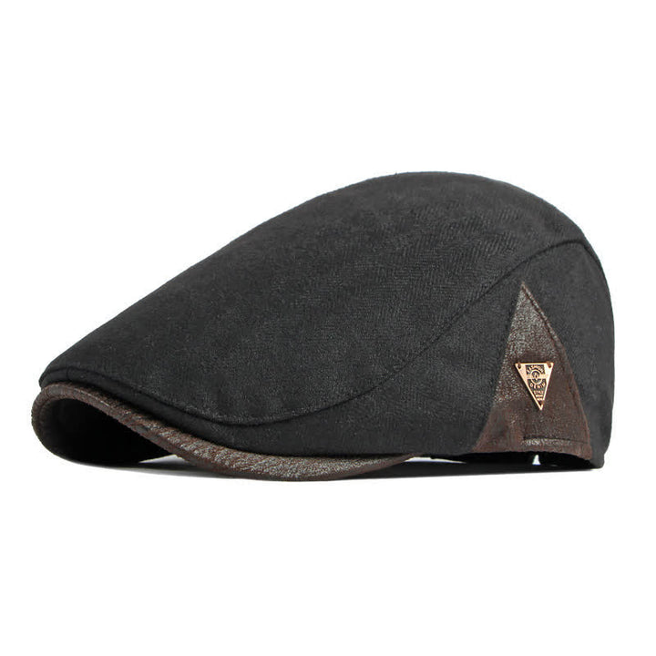 Warme, flache Baskenmütze mit dezentem Fischgrätmuster und Lederbesatz - Schwarz - Verstellbar (21 5/8"-23 1/4") - image 7