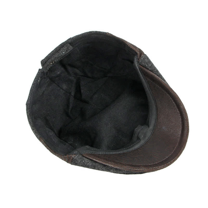 Warme, flache Baskenmütze mit dezentem Fischgrätmuster und Lederbesatz - image 6