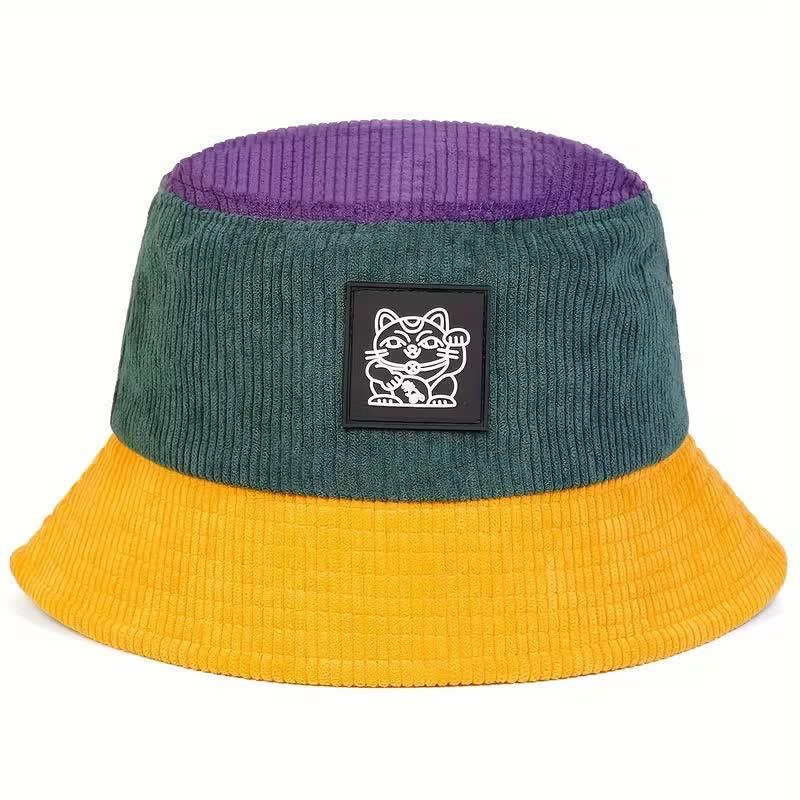 Faltbarer Cord-Bucket-Hat mit Farbblock-Motiv und Glückskatzenmotiv - Gelb - M (22"-22 7/8") - image 0