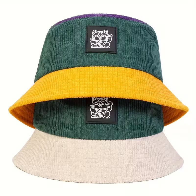 Faltbarer Cord-Bucket-Hat mit Farbblock-Motiv und Glückskatzenmotiv - image 1