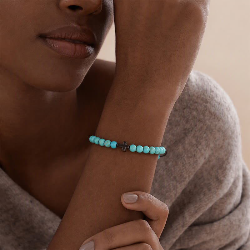 Armband mit türkisfarbenen Perlen und verstellbarem Anhänger mit Glaubenskreuz - image 1