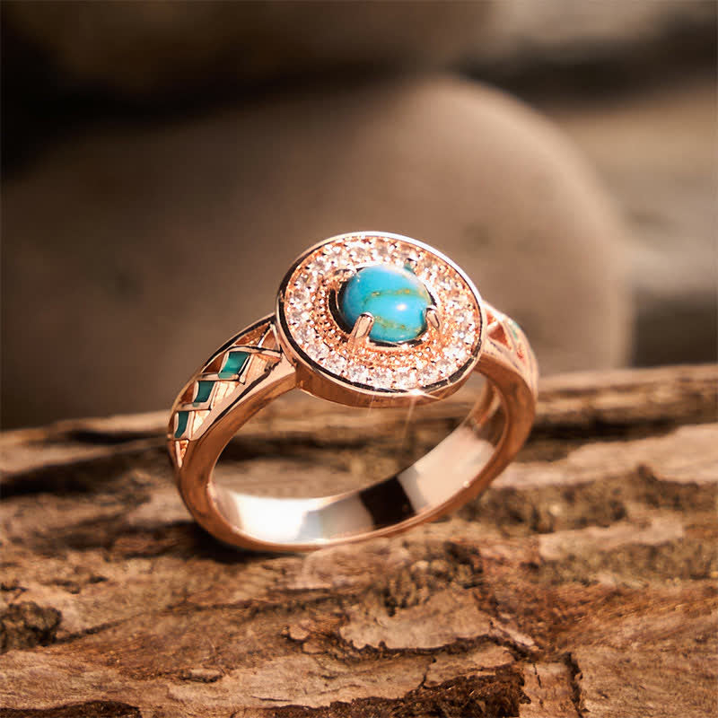 Vintage runder Ring mit simuliertem Türkis-Halo, ethnischer Hohlmetallring - image 2