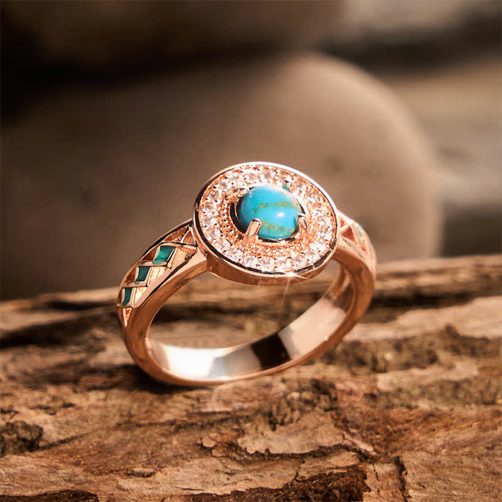 Vintage runder Ring mit simuliertem Türkis-Halo, ethnischer Hohlmetallring - image 2