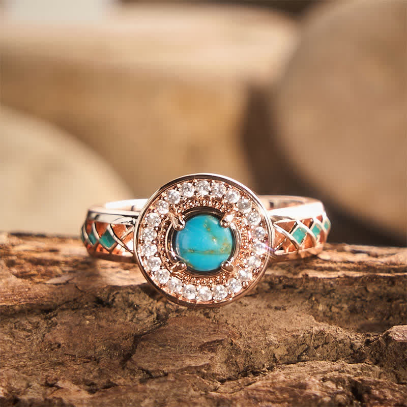 Vintage runder Ring mit simuliertem Türkis-Halo, ethnischer Hohlmetallring - Roségoldfarben - US 10 - image 0