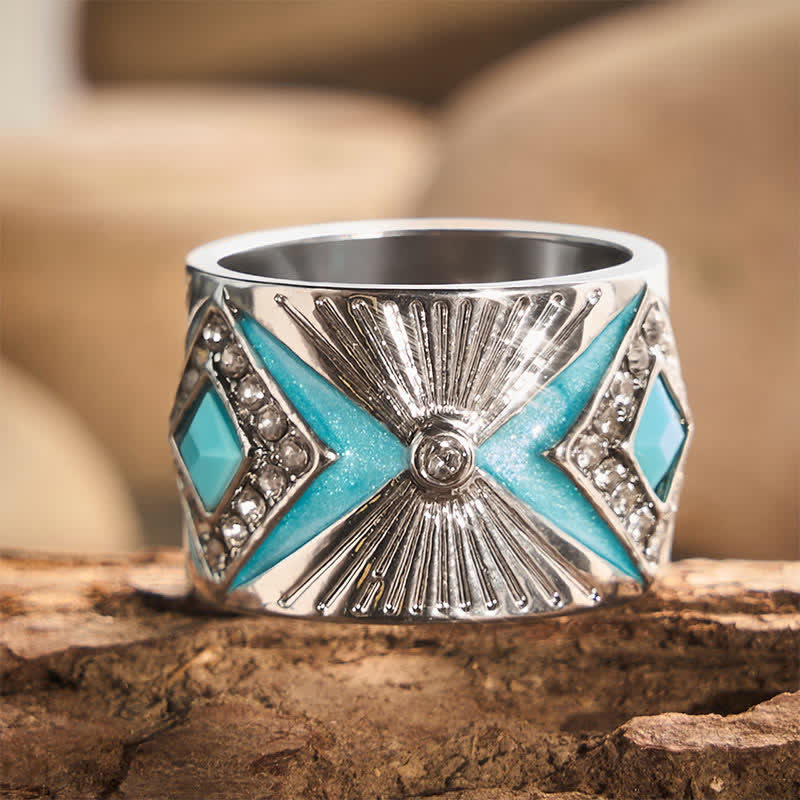 Retro-Ring mit geometrischem Muster und Imitationstürkis, breitem Band, Statement-Ring für Damen - Silberfarben - US 11 - image 0