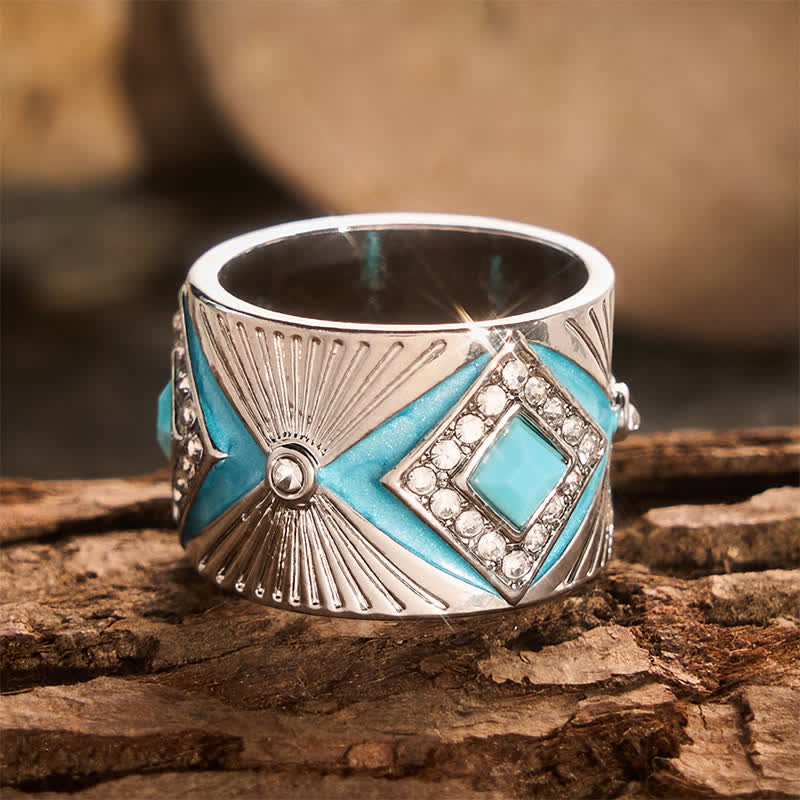 Retro-Ring mit geometrischem Muster und Imitationstürkis, breitem Band, Statement-Ring für Damen - image 4