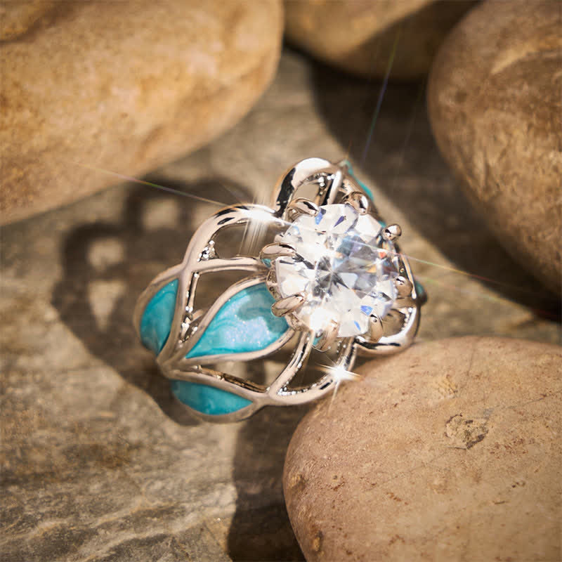 Vintage Damenring mit Blumenmuster, Emaille und Zirkonia - image 2