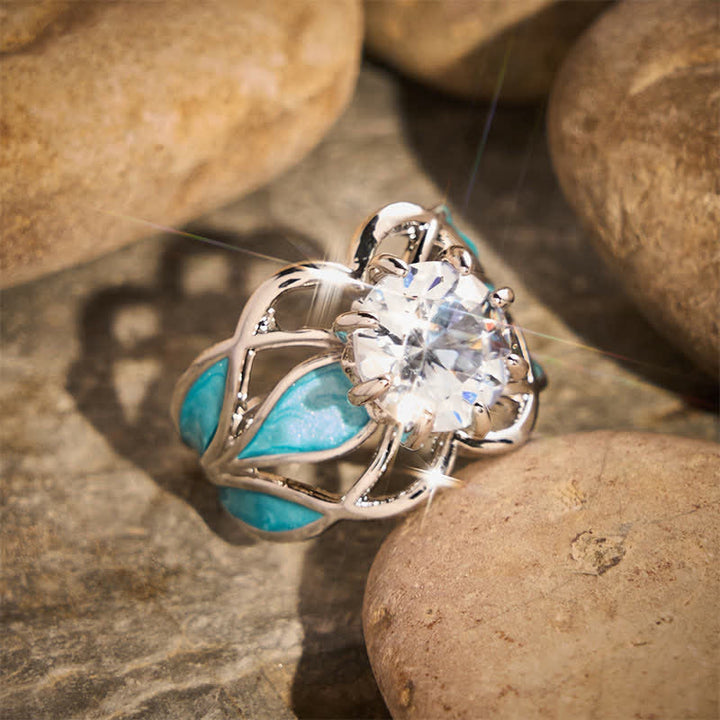Vintage Damenring mit Blumenmuster, Emaille und Zirkonia - image 2