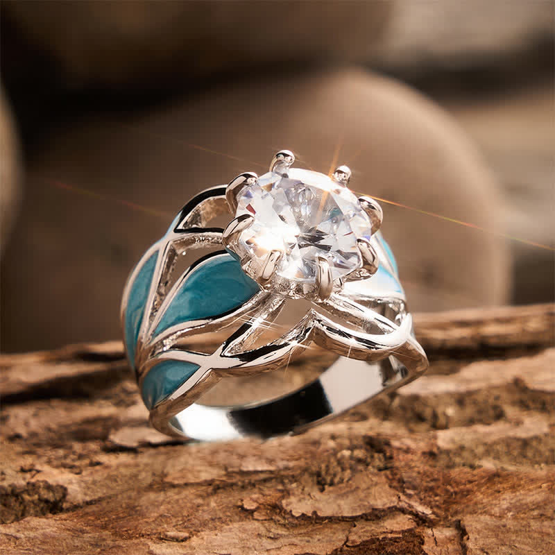 Vintage Damenring mit Blumenmuster, Emaille und Zirkonia - image 3