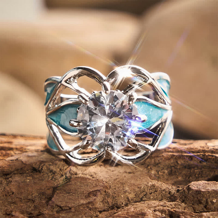 Vintage Damenring mit Blumenmuster, Emaille und Zirkonia - Silber - US 10 - image 0