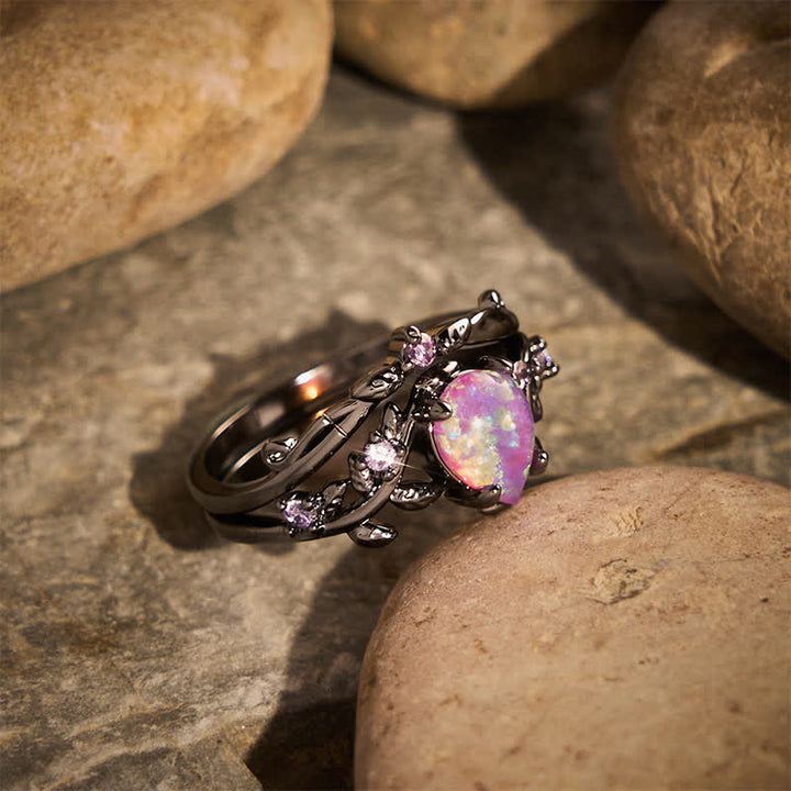 Statement-Ring aus schwarzem Gold mit tropfenförmigem Opal und Zweigmotiv - image 2