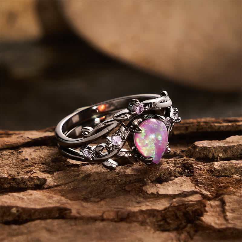 Statement-Ring aus schwarzem Gold mit tropfenförmigem Opal und Zweigmotiv - image 4