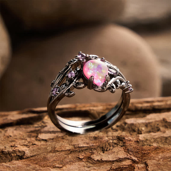 Statement-Ring aus schwarzem Gold mit tropfenförmigem Opal und Zweigmotiv - image 3