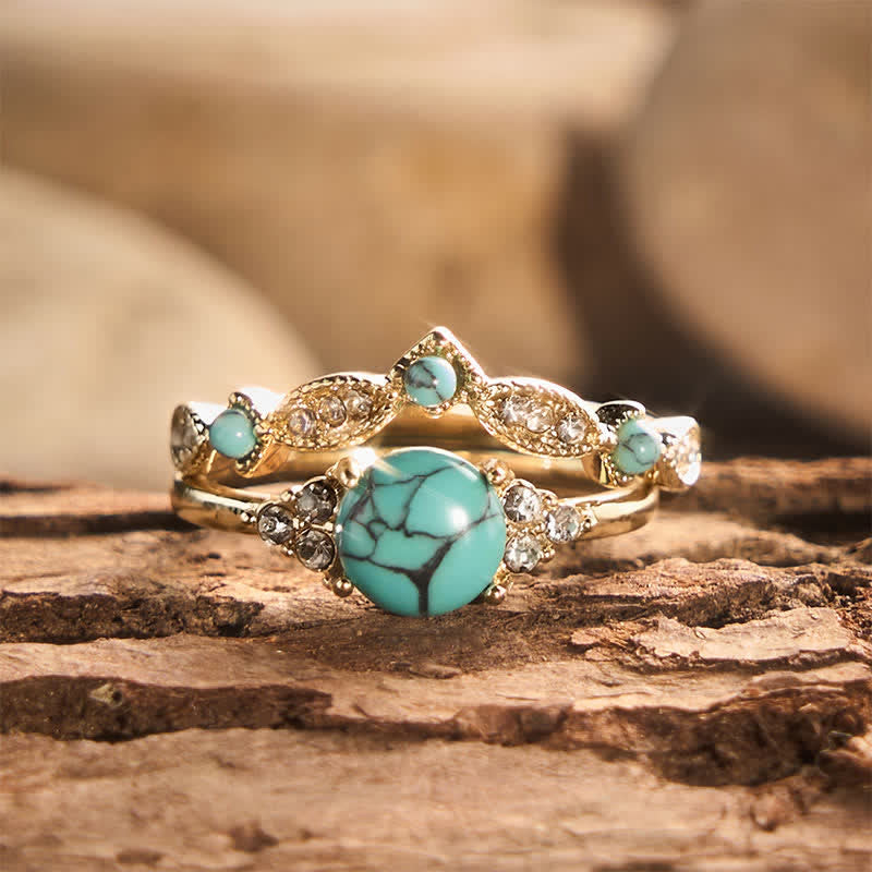 Retro-Bohemia-Ethno-Stil Goldfarbener, stapelbarer Statement-Ring mit Imitation von Türkis - Golden - US 11 - image 0