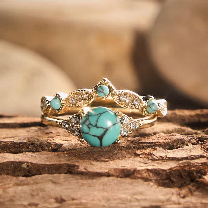 Retro-Bohemia-Ethno-Stil Goldfarbener, stapelbarer Statement-Ring mit Imitation von Türkis - Golden - US 11 - image 0