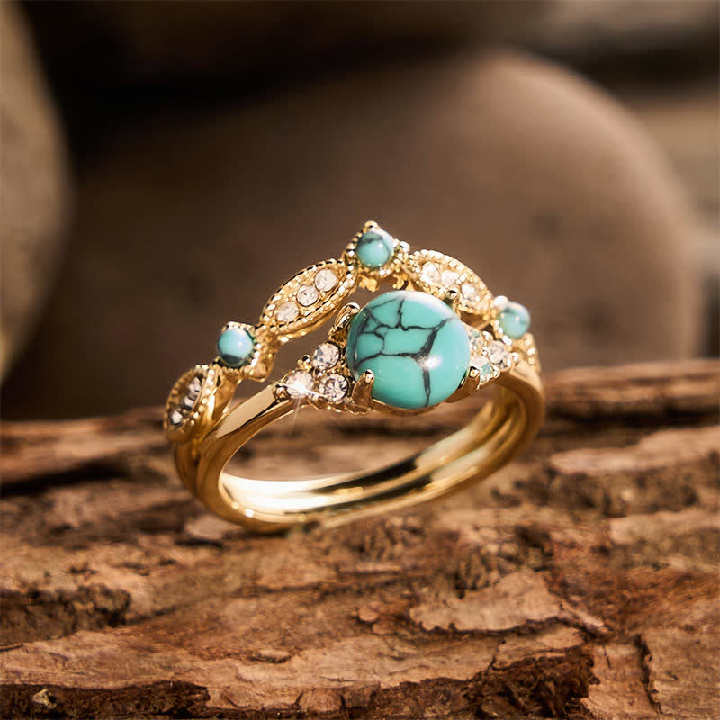 Retro-Bohemia-Ethno-Stil Goldfarbener, stapelbarer Statement-Ring mit Imitation von Türkis - image 3