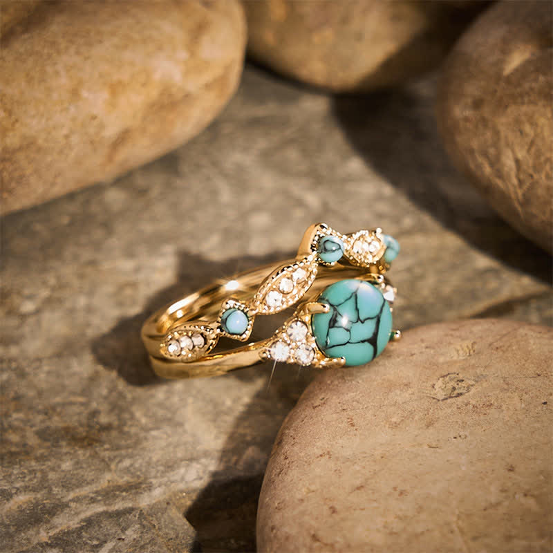 Retro-Bohemia-Ethno-Stil Goldfarbener, stapelbarer Statement-Ring mit Imitation von Türkis - image 2