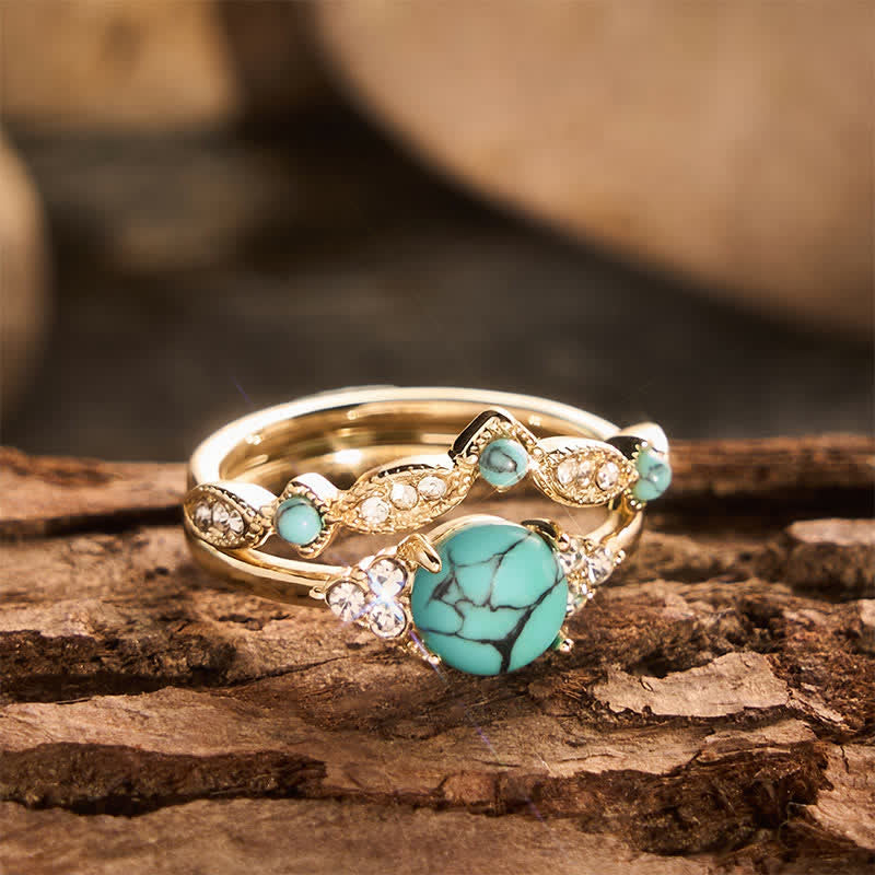 Retro-Bohemia-Ethno-Stil Goldfarbener, stapelbarer Statement-Ring mit Imitation von Türkis - image 4