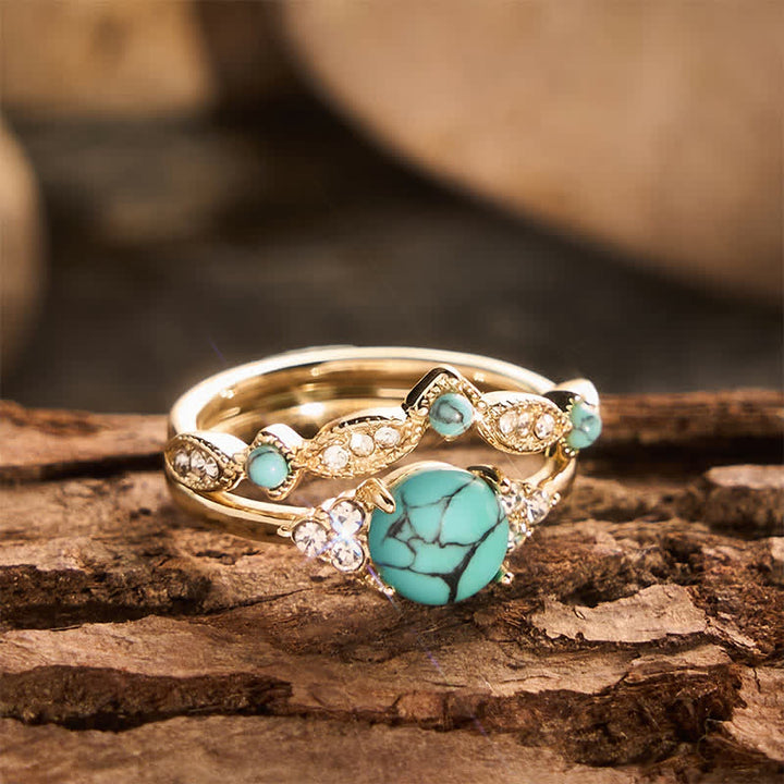 Retro-Bohemia-Ethno-Stil Goldfarbener, stapelbarer Statement-Ring mit Imitation von Türkis - image 4