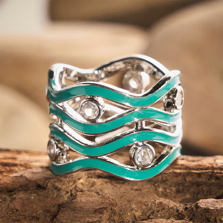 Statement-Ring für Damen mit geschichteten Wellenmustern, Emaille und Stein - Silberfarben - US 10 - image 0