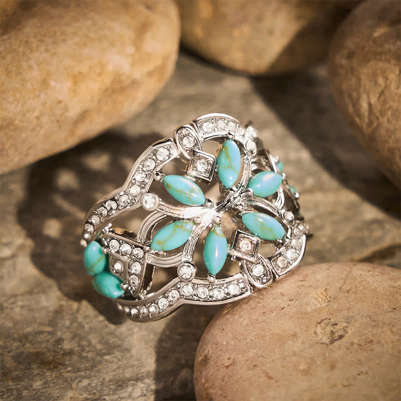 Retro-Ring im Ethno-Stil, hohl, breit, mit simuliertem Türkis und Kristallen - image 2