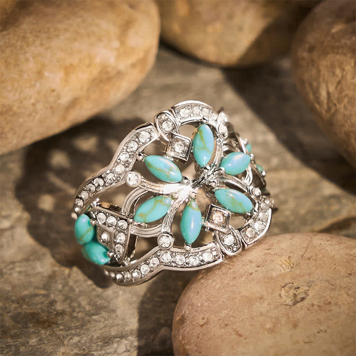 Retro-Ring im Ethno-Stil, hohl, breit, mit simuliertem Türkis und Kristallen - image 2