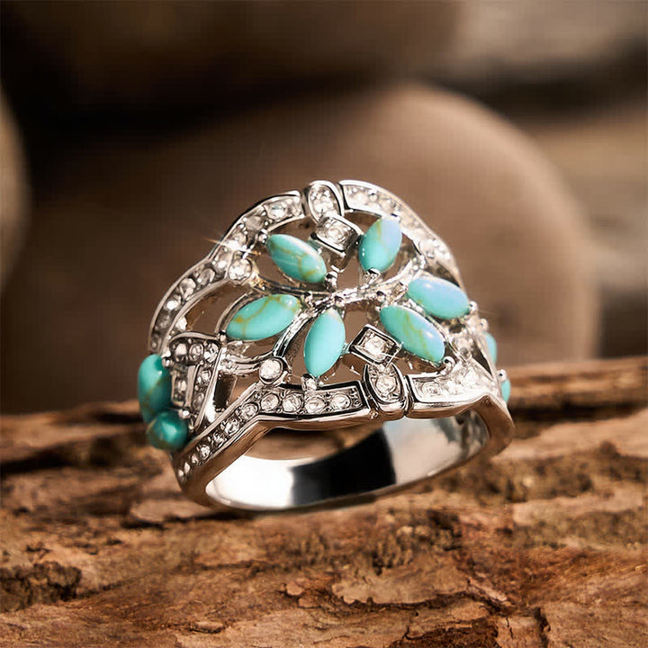 Retro-Ring im Ethno-Stil, hohl, breit, mit simuliertem Türkis und Kristallen - Silberfarben - US 9 - image 0