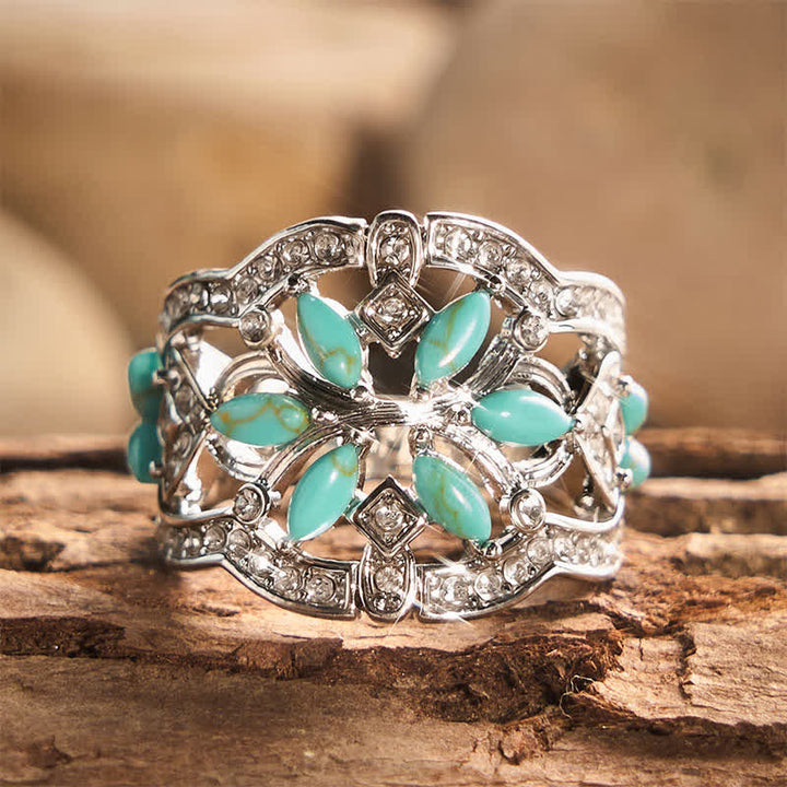 Retro-Ring im Ethno-Stil, hohl, breit, mit simuliertem Türkis und Kristallen - image 3