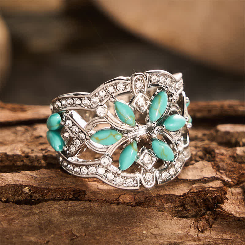 Retro-Ring im Ethno-Stil, hohl, breit, mit simuliertem Türkis und Kristallen - image 4