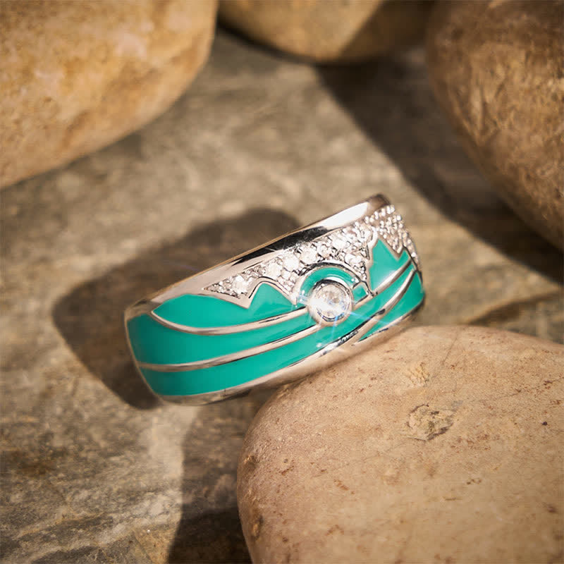 Vintage Ring mit Berg- und Sonnenmuster, Emaille, Zirkonia, Silber, breites Band - image 2
