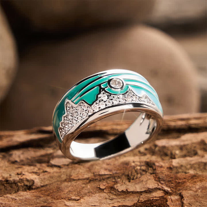 Vintage Ring mit Berg- und Sonnenmuster, Emaille, Zirkonia, Silber, breites Band - image 3