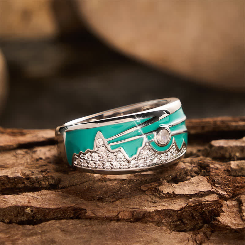 Vintage Ring mit Berg- und Sonnenmuster, Emaille, Zirkonia, Silber, breites Band - image 4