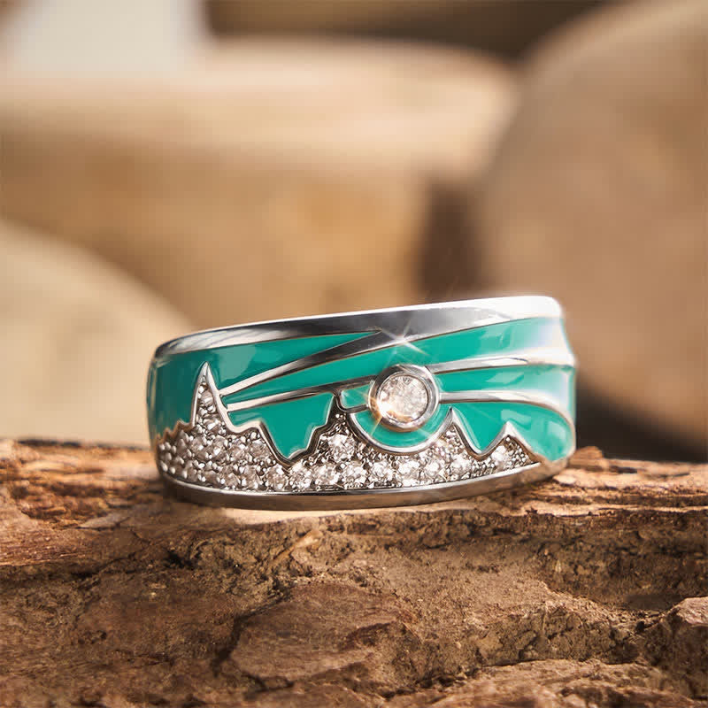 Vintage Ring mit Berg- und Sonnenmuster, Emaille, Zirkonia, Silber, breites Band - Silber - US 10 - image 0