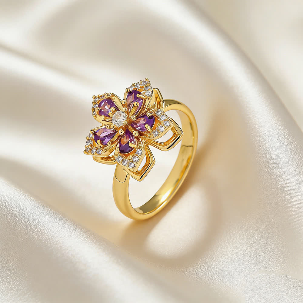 Drehbarer Sakura-Blumen-Zirkon-Anti-Angst-Fidget-Ring - Lila und Gold - image 5