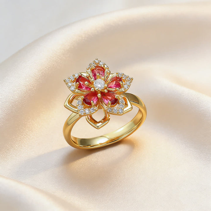 Drehbarer Sakura-Blumen-Zirkon-Anti-Angst-Fidget-Ring - Rot & Gold - image 8