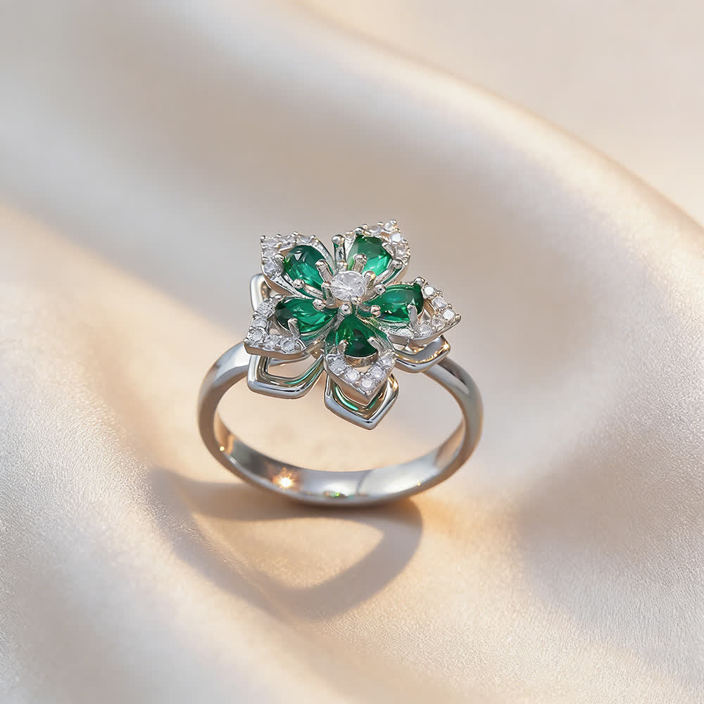 Drehbarer Sakura-Blumen-Zirkon-Anti-Angst-Fidget-Ring - Grün & Silber - image 15
