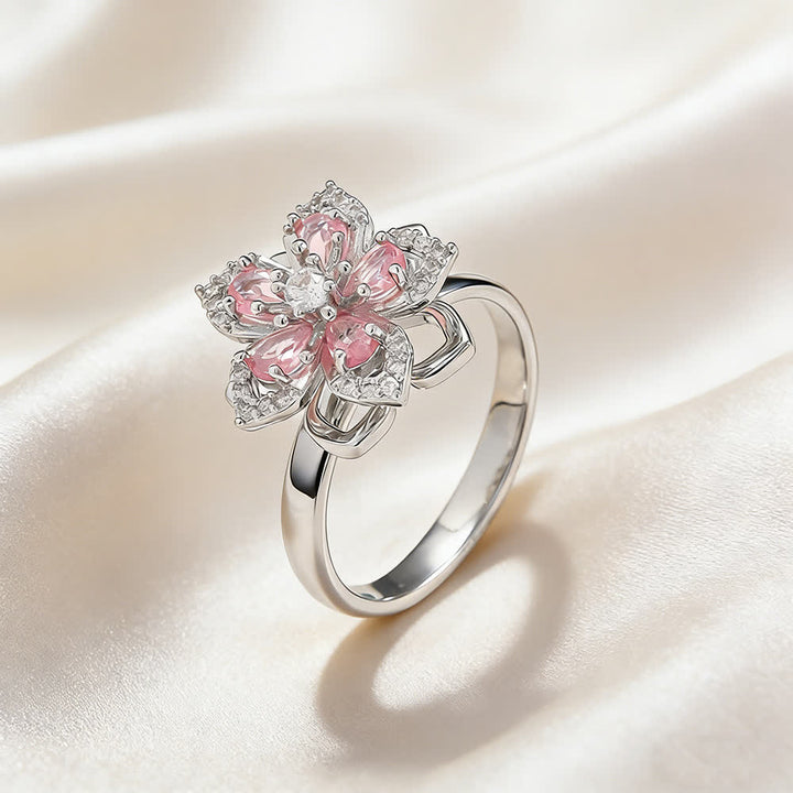 Drehbarer Sakura-Blumen-Zirkon-Anti-Angst-Fidget-Ring - Rosa & Silber - image 14