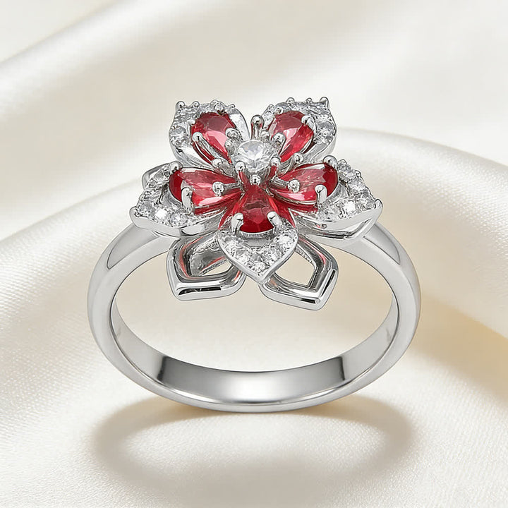 Drehbarer Sakura-Blumen-Zirkon-Anti-Angst-Fidget-Ring - Rot & Silber - image 13