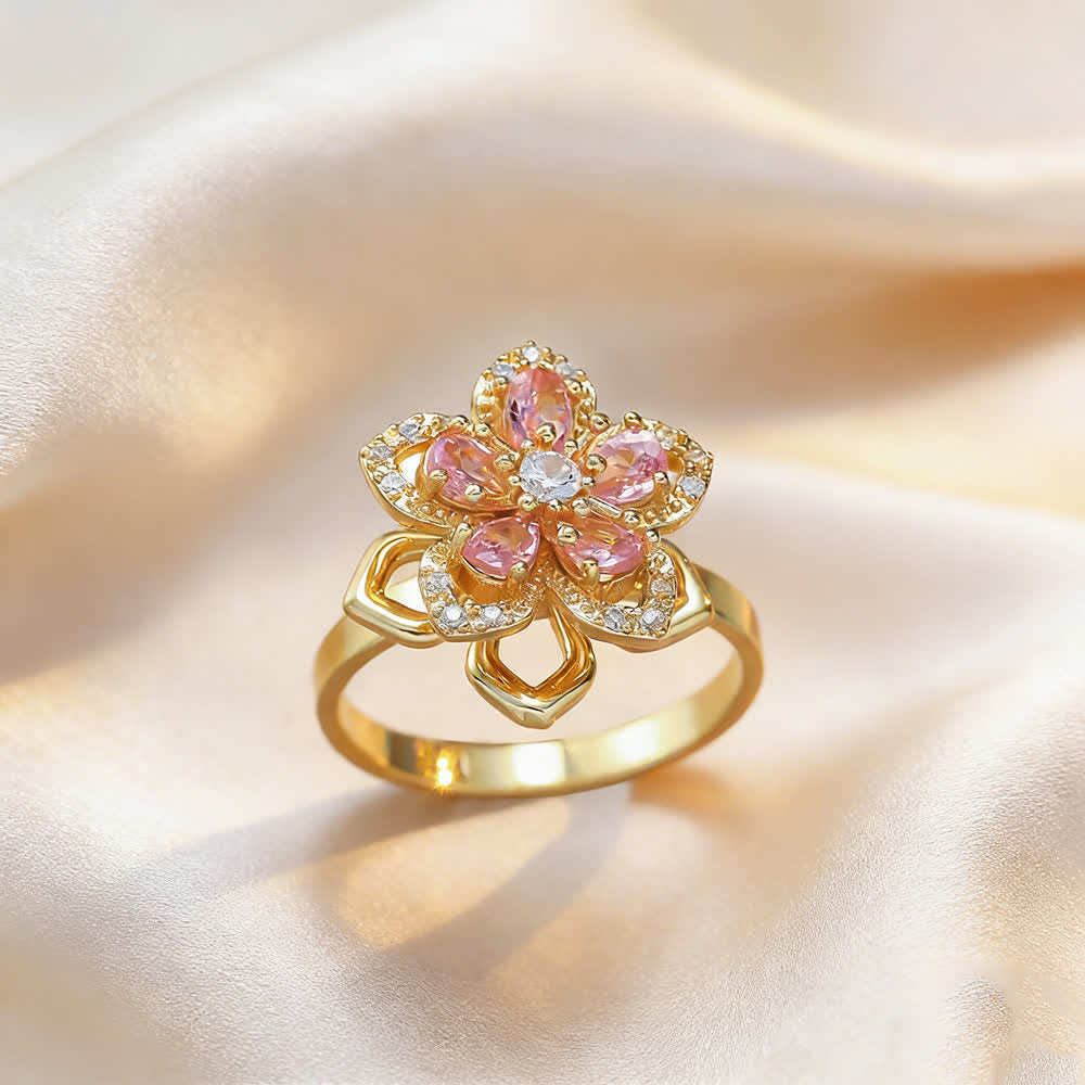 Drehbarer Sakura-Blumen-Zirkon-Anti-Angst-Fidget-Ring - Rosa & Gold - image 1