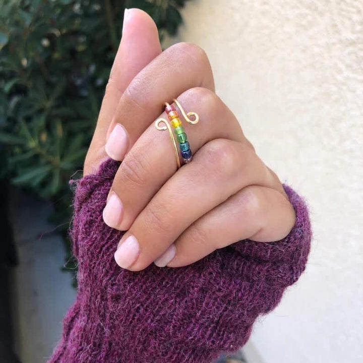 Ästhetischer Dekompressionsring mit Regenbogenperlen – Bunter Angstring - Gold - 925 Silber - image 0