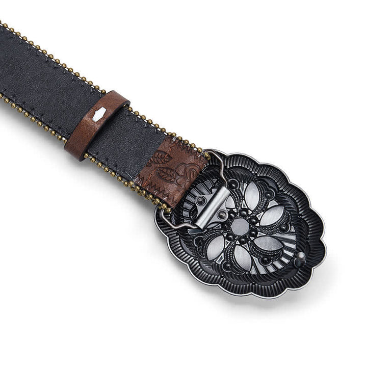 Türkisfarbener Gürtel aus geprägtem braunem Leder mit Concho-Schnalle und Blumenmuster. - image 3
