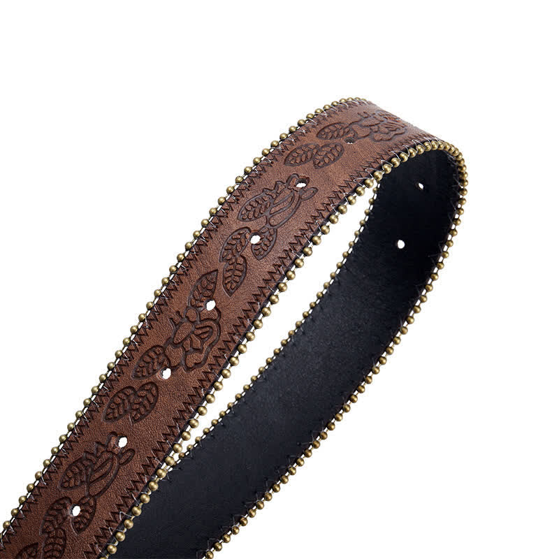 Türkisfarbener Gürtel aus geprägtem braunem Leder mit Concho-Schnalle und Blumenmuster. - image 5