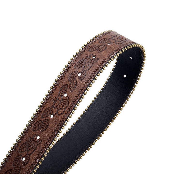 Türkisfarbener Gürtel aus geprägtem braunem Leder mit Concho-Schnalle und Blumenmuster. - image 5