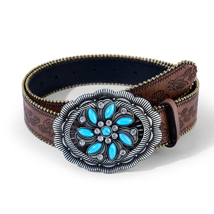 Türkisfarbener Gürtel aus geprägtem braunem Leder mit Concho-Schnalle und Blumenmuster. - Kaffee - 40 - image 0