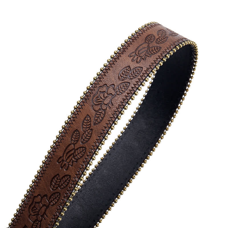 Türkisfarbener Gürtel aus geprägtem braunem Leder mit Concho-Schnalle und Blumenmuster. - image 4