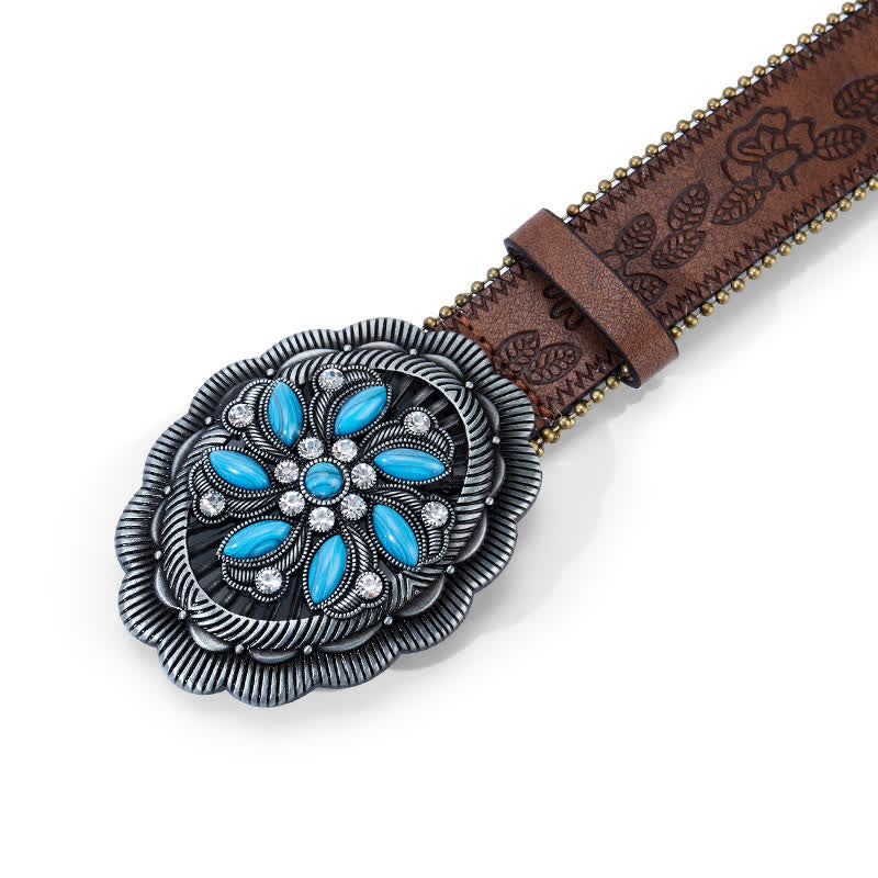 Türkisfarbener Gürtel aus geprägtem braunem Leder mit Concho-Schnalle und Blumenmuster. - image 2