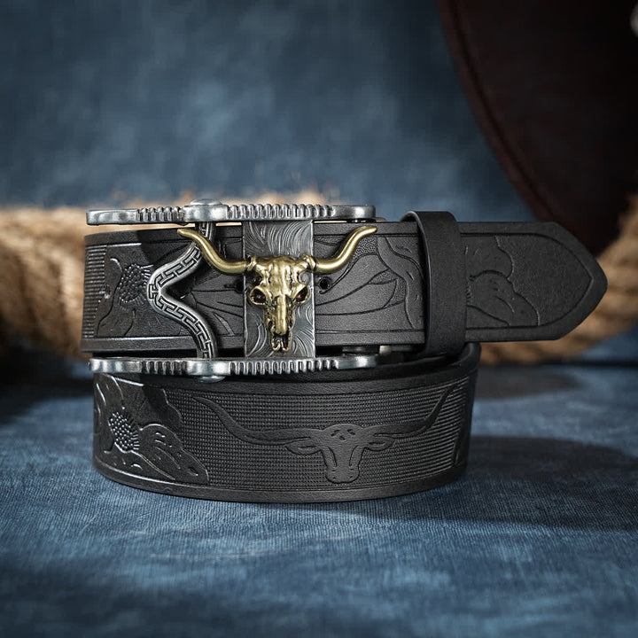 Rodeo Longhorn Steer Bull Head Hollow Buckle Leather Belt - Schwarz - 38 - image 0